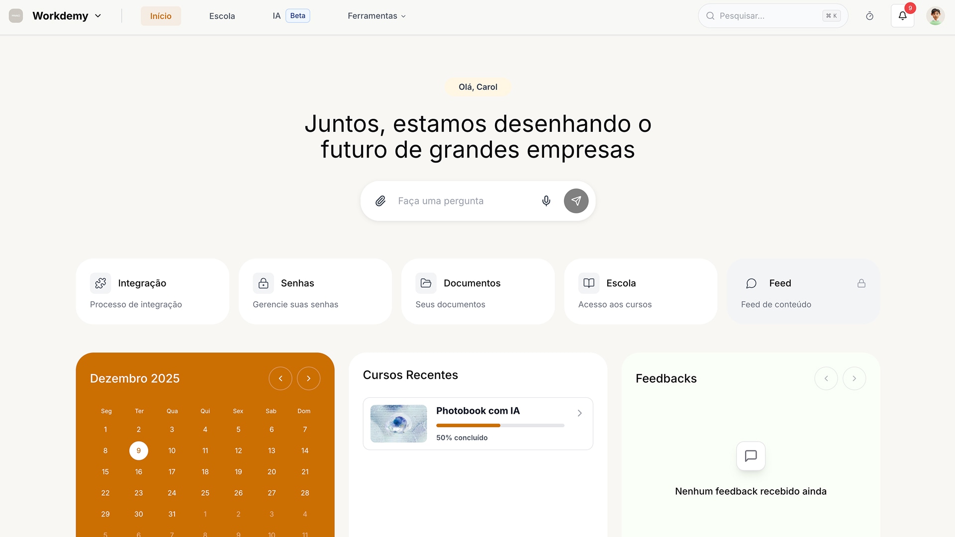 Dashboard Workdemy - Interface principal da plataforma